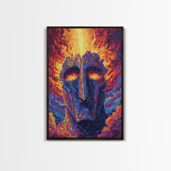 Fiery African Mask Canvas Print, Abstract Tribal Face Painting, Afrocentric Wall Decor, Modern Colorful African Art Gift