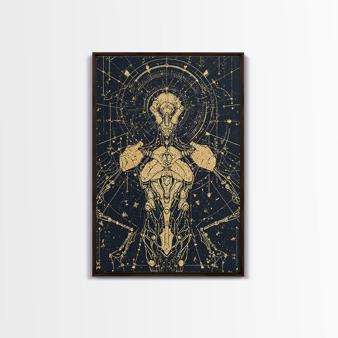 Gold Celestial Cyborg Blueprint Canvas Print, Afrofuturism Wall Decor, Sacred Geometry Robot Art, Modern Black And Gold Decor