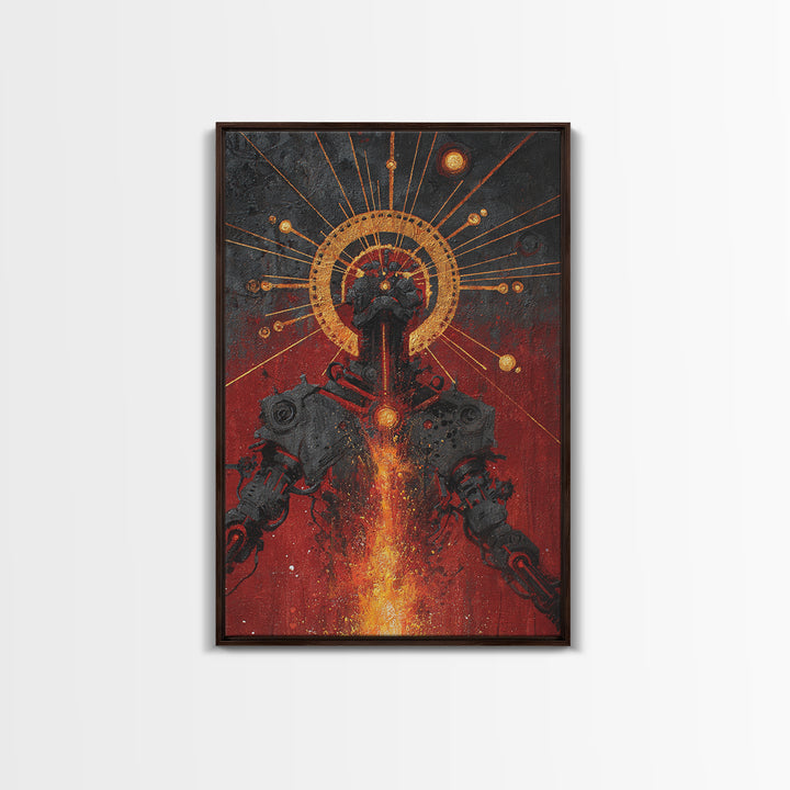 Black Android With Golden Halo Framed Canvas Print, Afrofuturism Wall Art, Red Fire Robot Portrait, Spiritual Decor Gift
