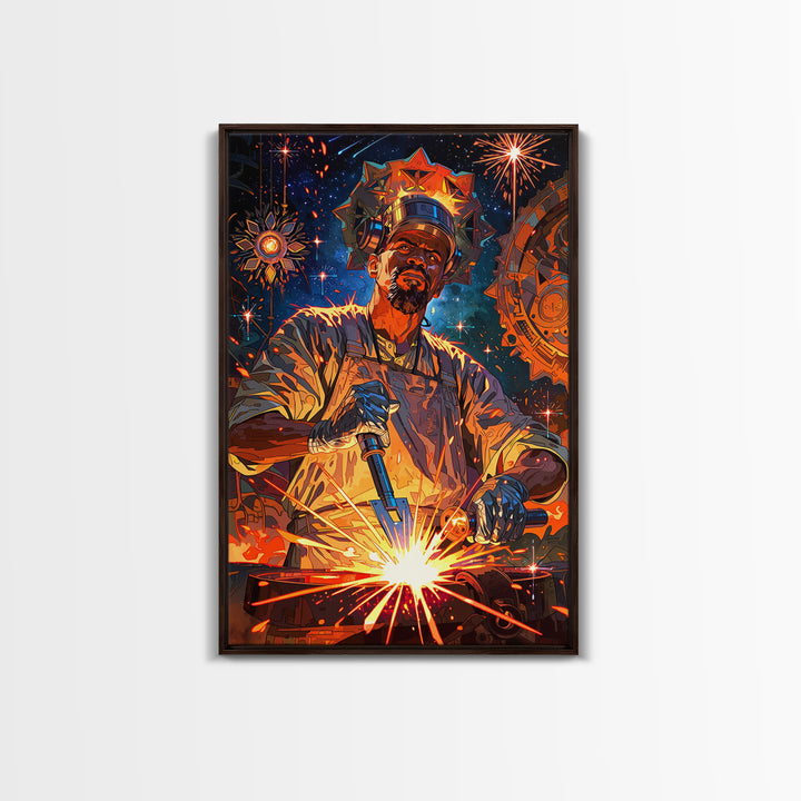 Regal Black Welder Forging Sparks Wall Art, Afrocentric Industrial Portrait, Black Man Art, Modern African Art Decor Gift