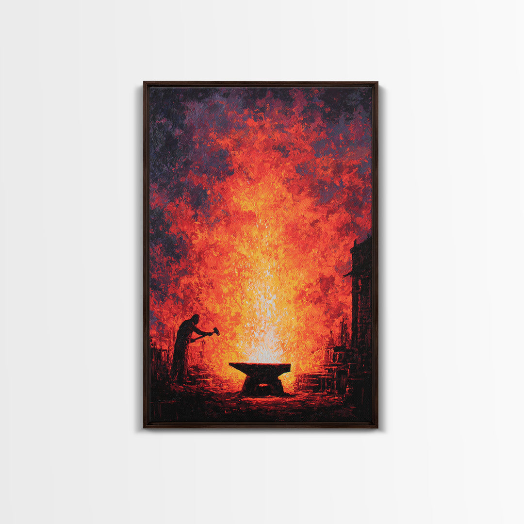 Lone Blacksmith Before Blazing Forge Wall Art, Fiery African Inspired Painting, Rustic Industrial Home Decor Gift For Him