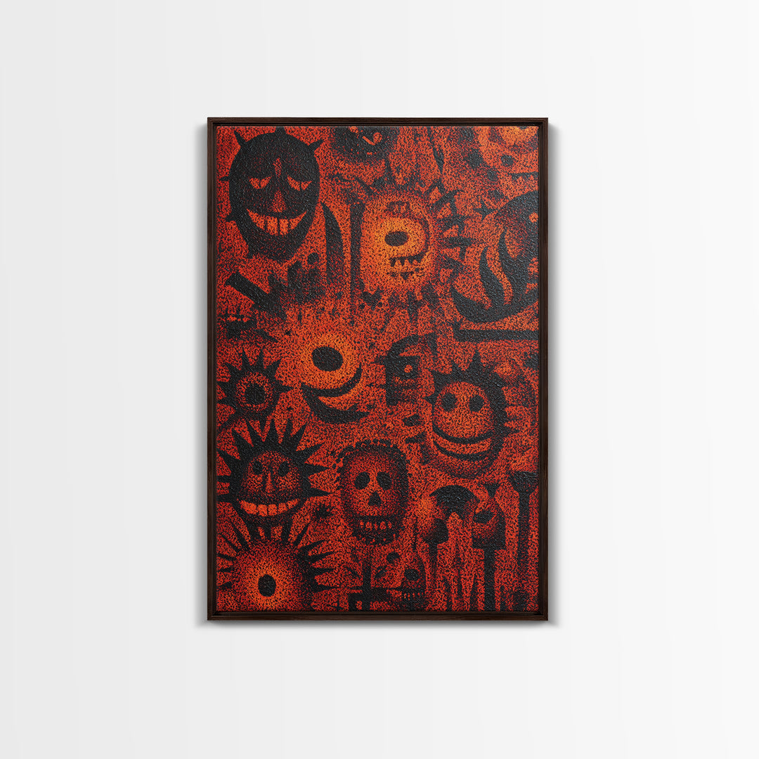 Orange African Mask Pattern Canvas Print, Tribal Symbols Abstract Wall Decor, Afrocentric Art, Cultural Home Decor Gift Idea