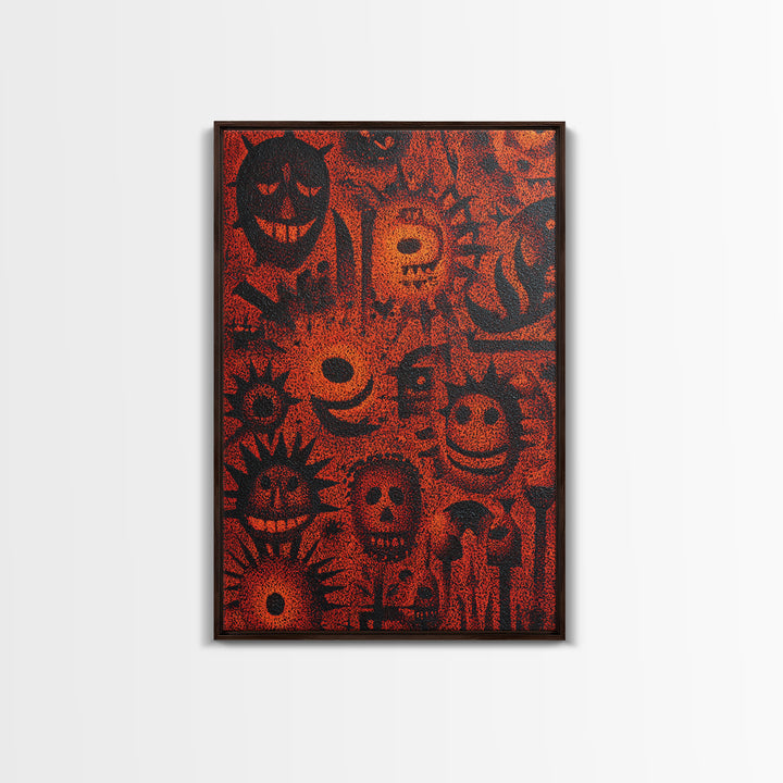 Orange African Mask Pattern Canvas Print, Tribal Symbols Abstract Wall Decor, Afrocentric Art, Cultural Home Decor Gift Idea