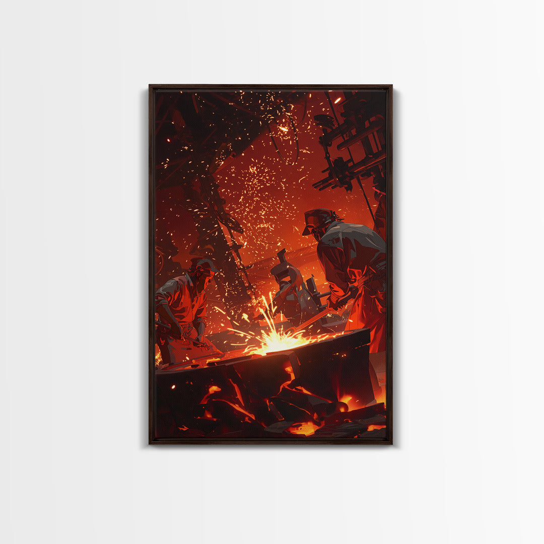 Two Foundry Workers Amid Sparks Framed Canvas Print, Fiery Industrial Wall Art, African Inspired Workshop Decor For Him Gift