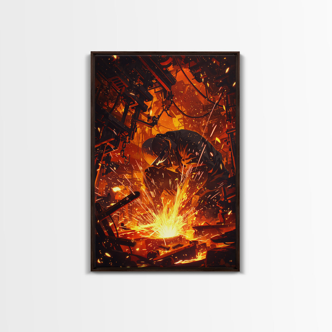 Crouching Welder In Fiery Workshop Canvas Print, Industrial Black Art, Orange Sparks Wall Decor, Unique Home Decor Gift Idea