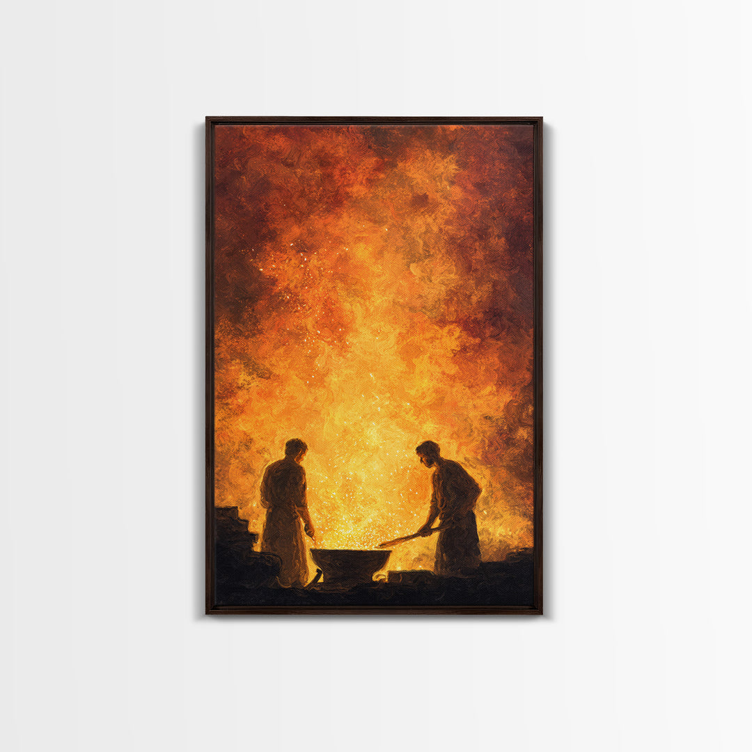 Two Blacksmiths Tending Glowing Forge Wall Art, Fiery African Inspired Painting, Rustic Workshop Home Decor Gift For Him