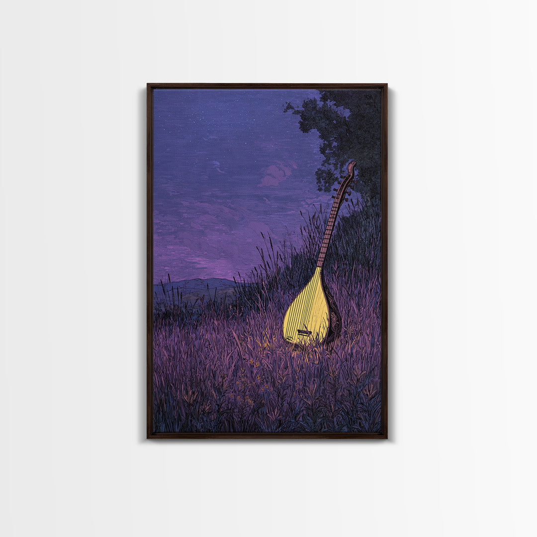Glowing Kora In Purple Grass Wall Art, African Music Night Scene, Afrocentric Decor, Dreamy Cultural Canvas Print, Gift For Music Lovers