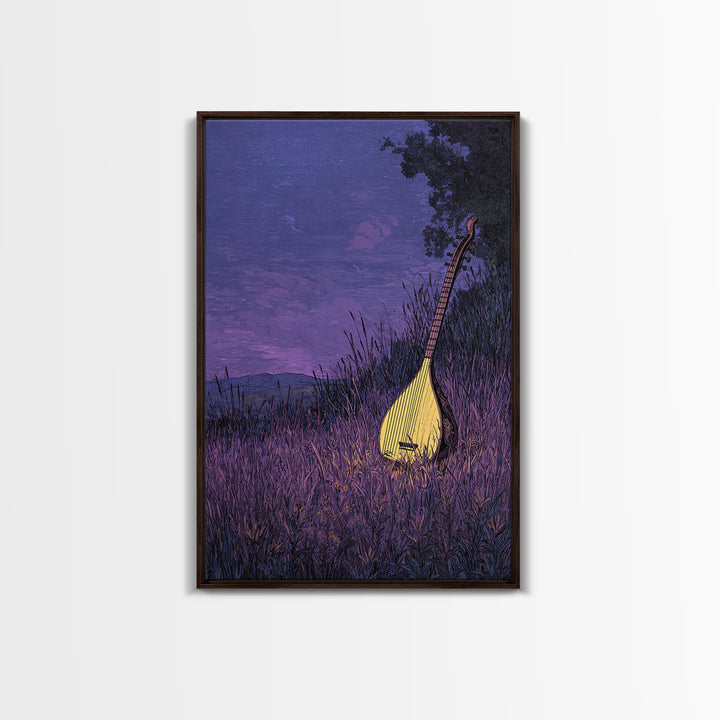 Glowing Kora In Purple Grass Wall Art, African Music Night Scene, Afrocentric Decor, Dreamy Cultural Canvas Print, Gift For Music Lovers