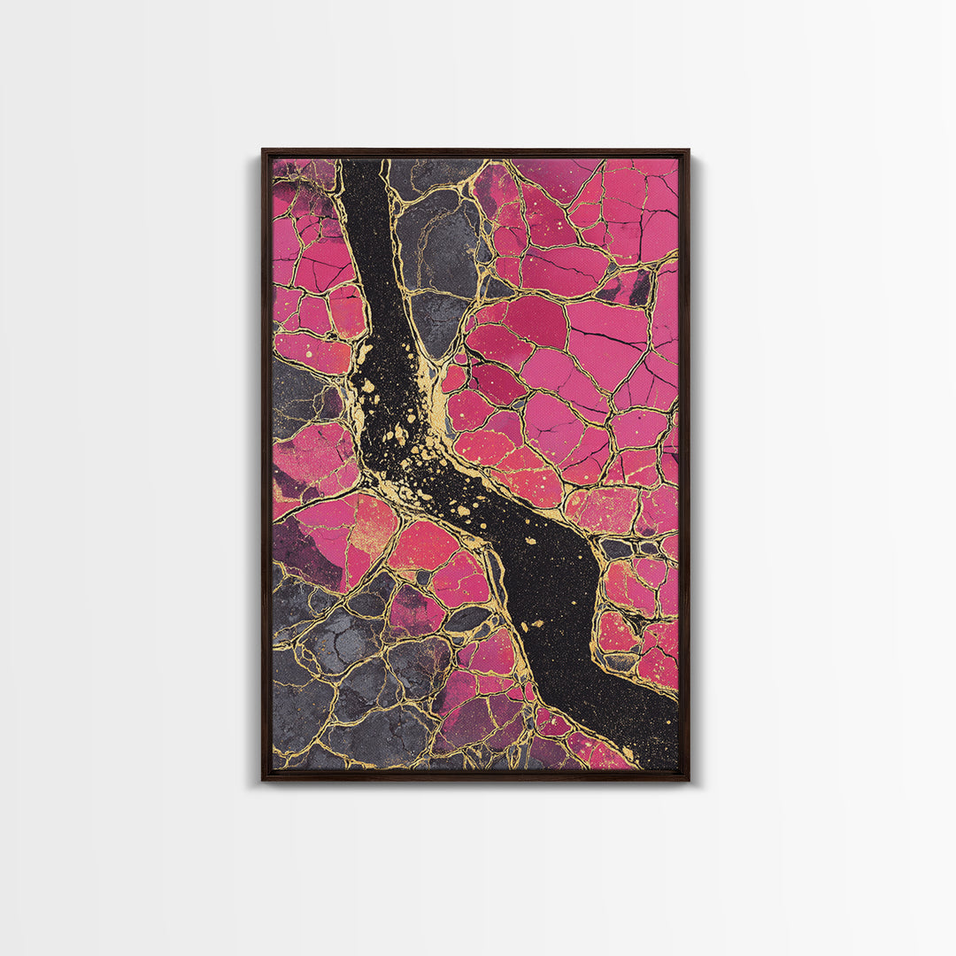 Pink Gold Kintsugi Abstract Wall Art, Cracked Stone Texture Painting, Modern Geometric Decor, Bold Contemporary Canvas Print