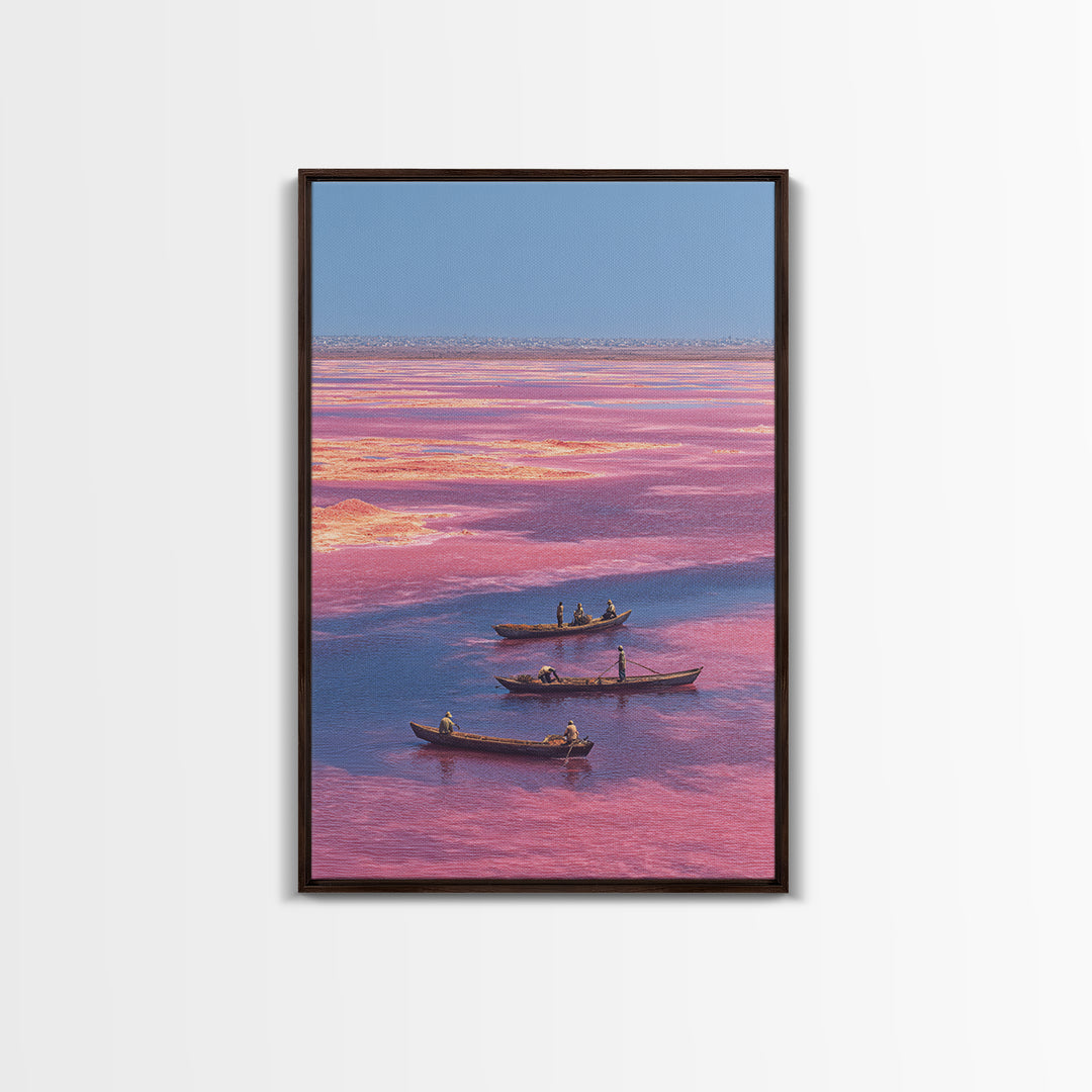 Pink Lake Boats African Landscape Wall Art, Senegal Salt Flats Canvas Print, Travel Decor, Serene Coastal Unique Artwork Gift