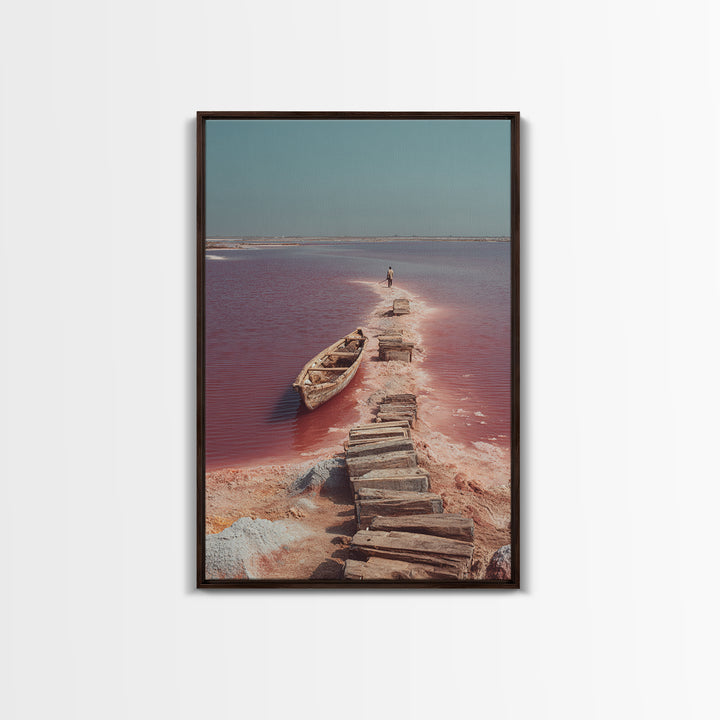 Wooden Path Through Pink Salt Lake Wall Art, African Landscape Canvas Print, Boat Travel Decor, Minimalist Coastal Art Gift