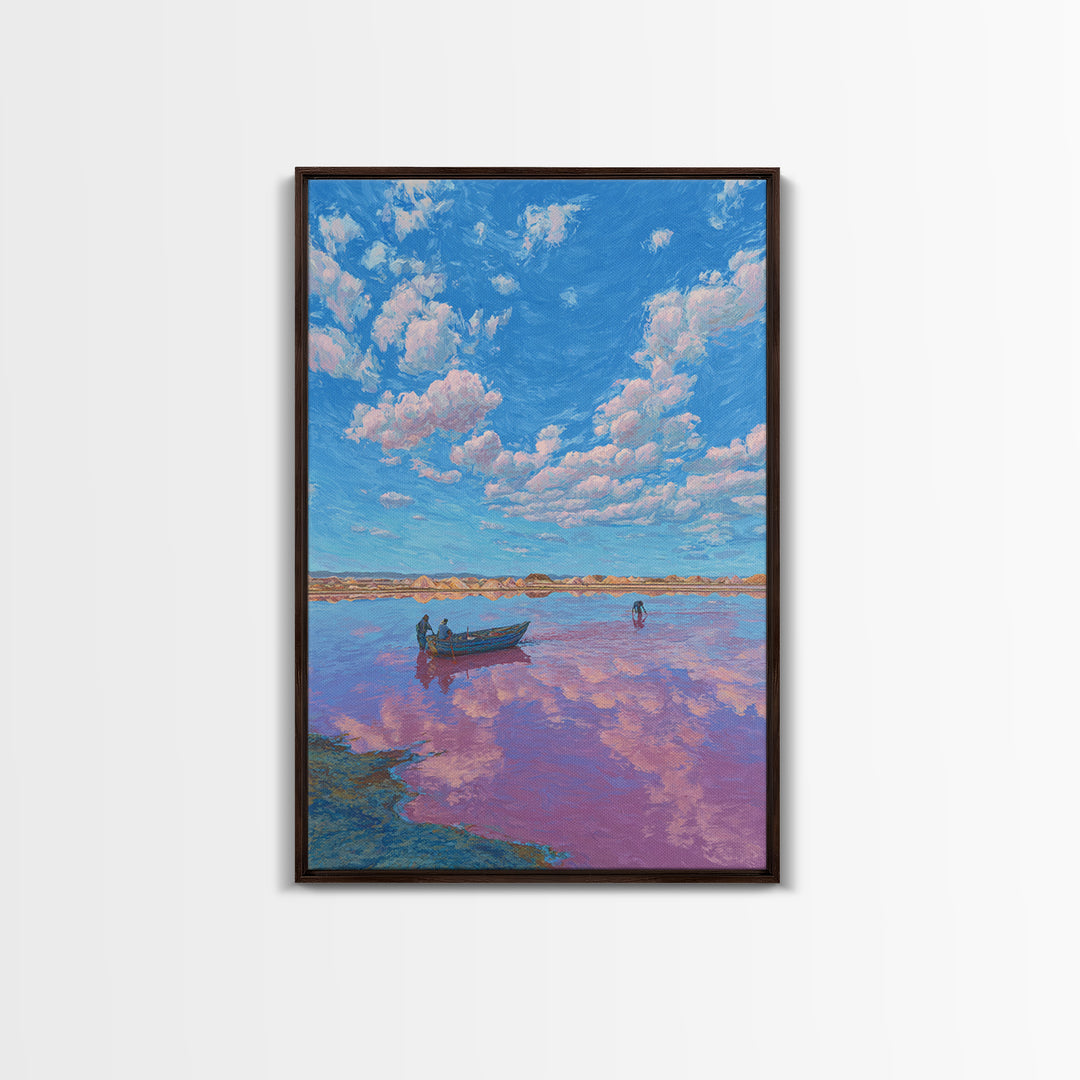 Blue Sky Pink Lake Canvas Print, African Landscape Wall Art, Boat Scene Travel Poster, Dreamy Nature Decor For Living Room