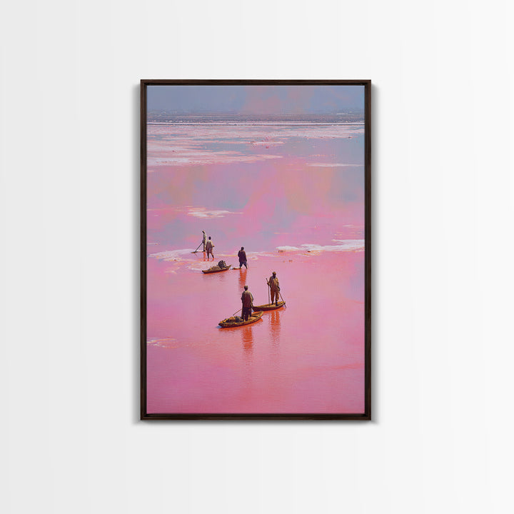 Rose Pink Salt Flats Canoes Canvas Print, African Fishermen Wall Decor, Pastel Safari Art Poster, Unique Home Decor Gift