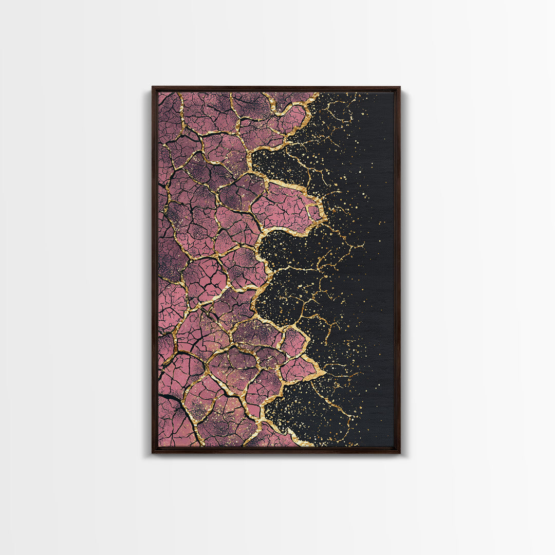 Cracked Pink Black Gold Abstract Wall Art, African Inspired Geometric Texture Print, Luxury Canvas Decor For Modern Home