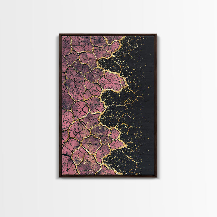 Cracked Pink Black Gold Abstract Wall Art, African Inspired Geometric Texture Print, Luxury Canvas Decor For Modern Home