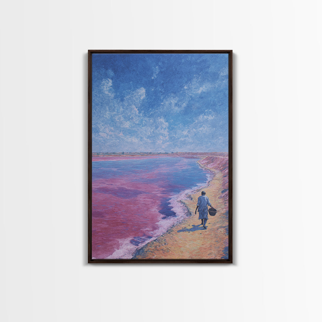Lone Walker On Pink Shore Framed Canvas Print, African Landscape Wall Decor, Dreamy Lake Painting, Unique Travel Art Gift