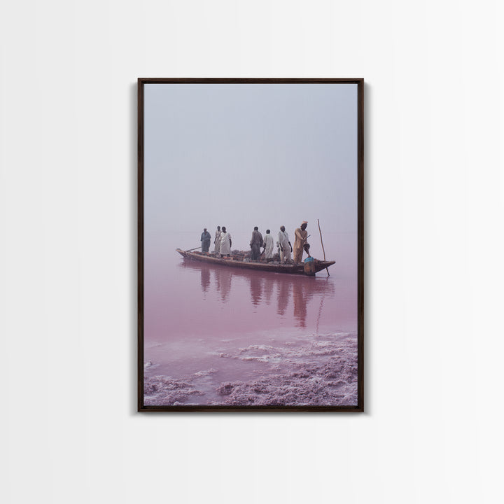 Misty Pink Lake Boat Canvas Print, African Fishermen Wall Art Decor, Minimalist Pastel Landscape, Serene Living Room Art