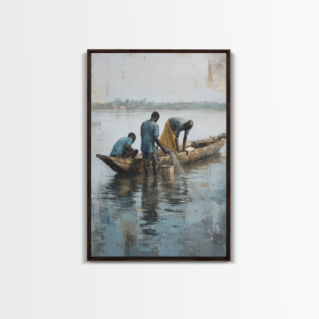 Fishermen Washing Nets By Canoe Wall Art, African Painting Canvas Decor, Cultural River Scene, Rustic Living Room Home Decor Gift