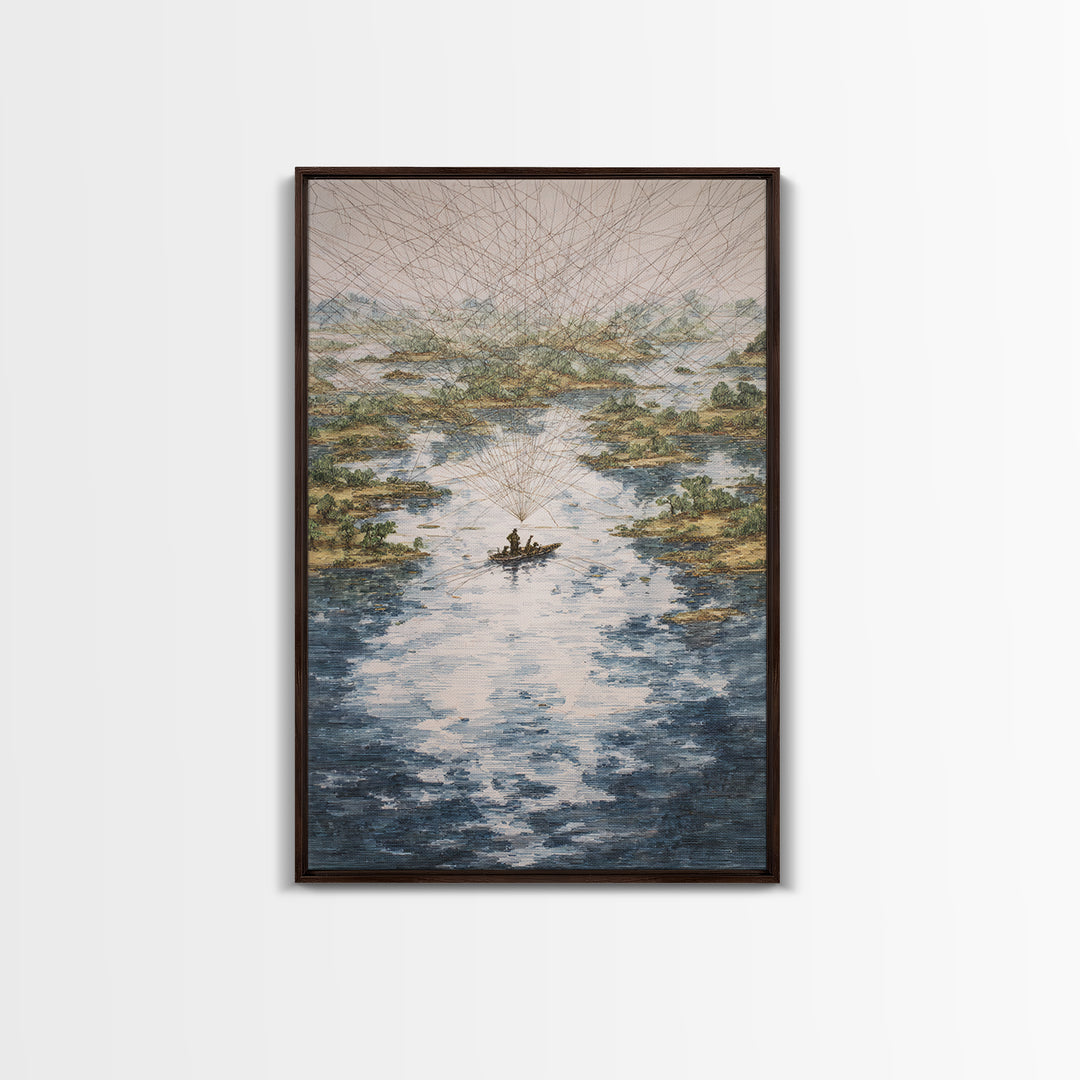 River Delta Boat And Map Lines Framed Canvas Print, African Landscape Wall Decor, Geometric Travel Art, Statement Home Decor