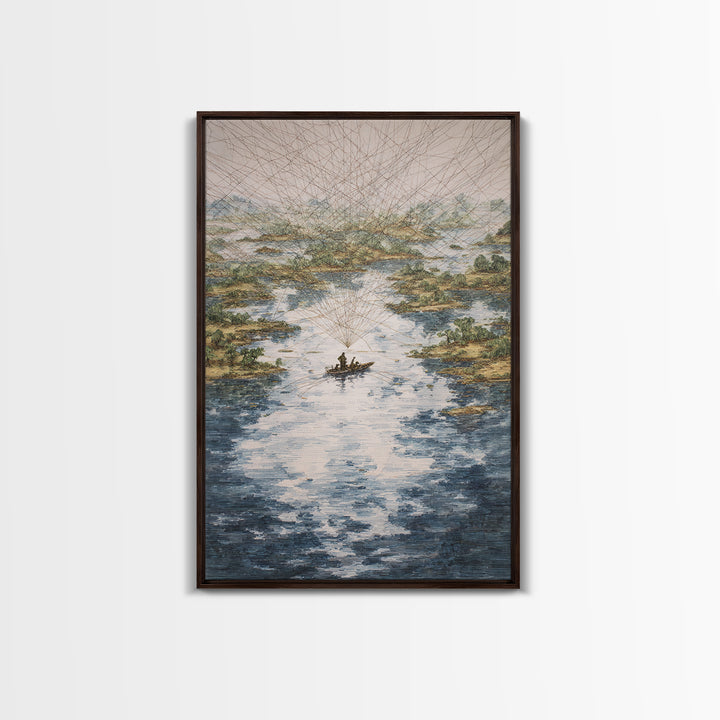 River Delta Boat And Map Lines Framed Canvas Print, African Landscape Wall Decor, Geometric Travel Art, Statement Home Decor