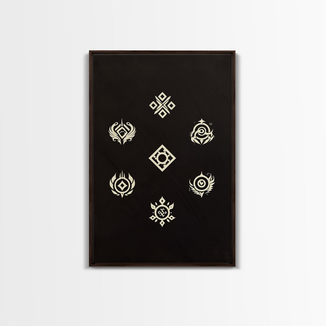 Cream Tribal Symbols On Black Canvas Print, African Abstract Wall Art Decor, Geometric Pattern Poster, Spiritual Home Decor