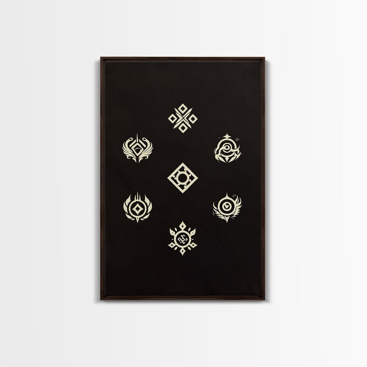 Cream Tribal Symbols On Black Canvas Print, African Abstract Wall Art Decor, Geometric Pattern Poster, Spiritual Home Decor