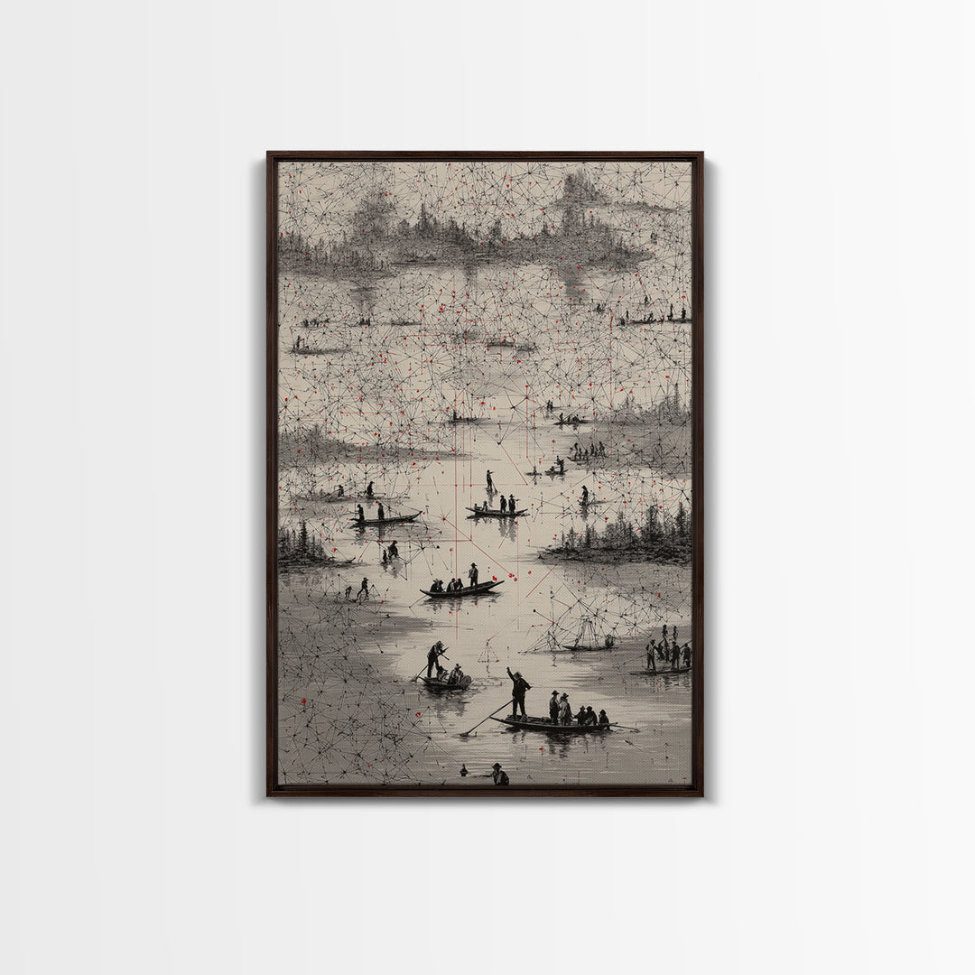 Monochrome River Boats With Red Lines Wall Art, African Landscape Print, Abstract Map Network, Cultural Gallery Home Decor