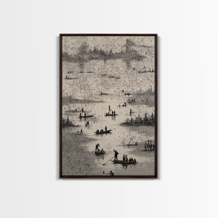 Monochrome River Boats With Red Lines Wall Art, African Landscape Print, Abstract Map Network, Cultural Gallery Home Decor