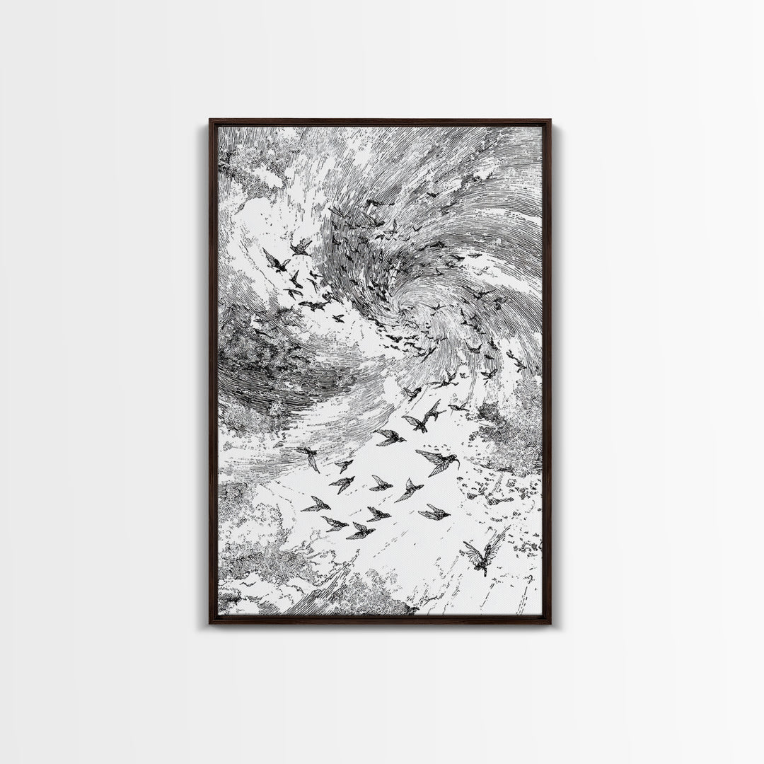 Black And White Bird Flock Storm Wall Art, Abstract African Inspired Nature Sketch, Minimalist Canvas Decor, Modern Office Gift