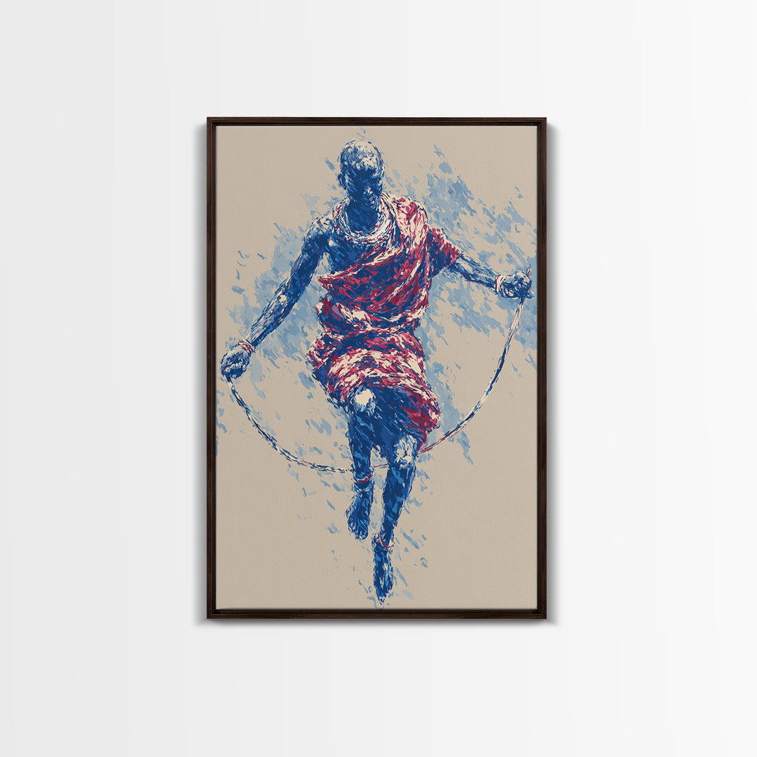 Maasai Warrior Jump Rope Dance Wall Art, African Tribal Art Print, Red Blue Athletic Portrait, Cultural Home Decor Gift For Him