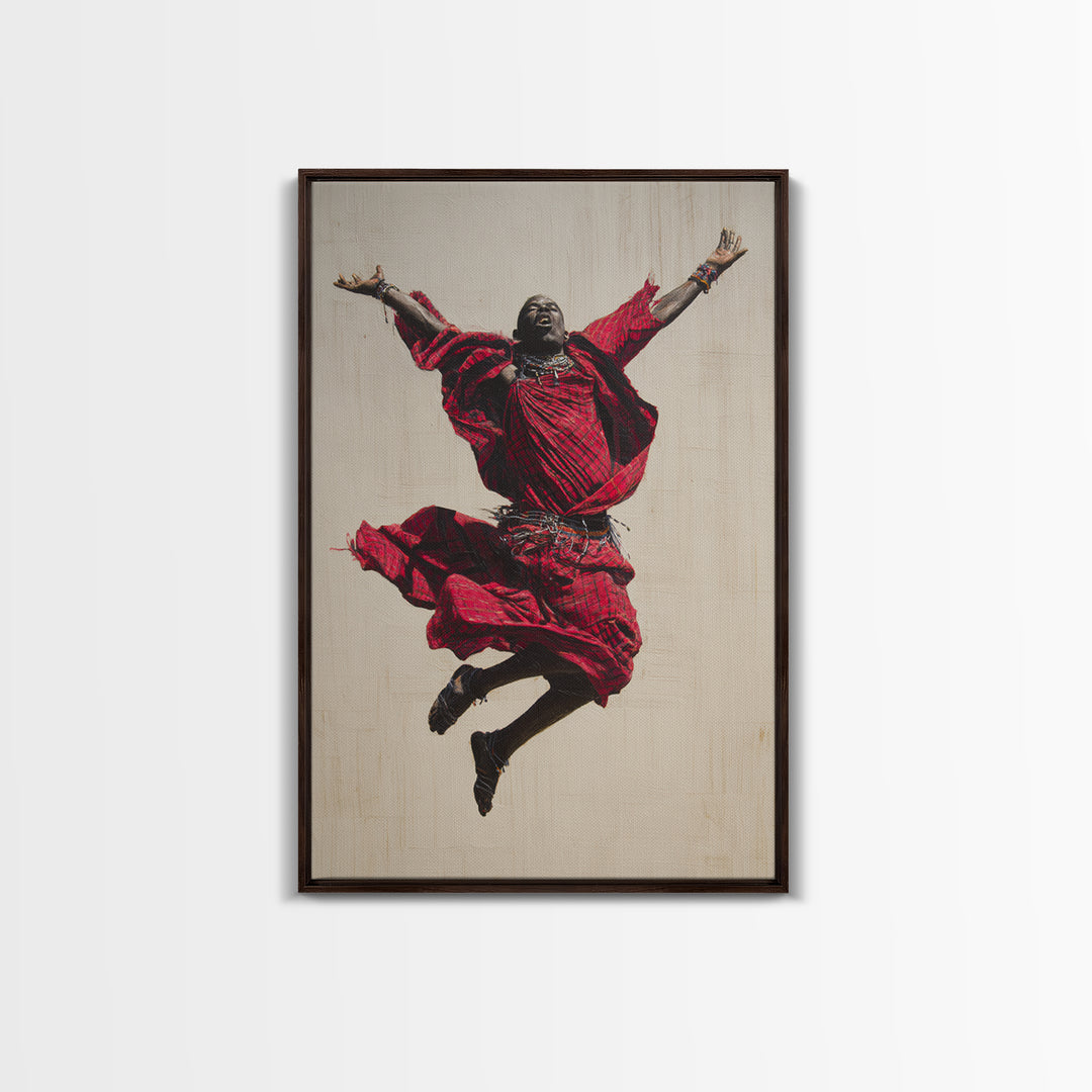 Joyful Maasai Dancer Leaping In Red Framed Canvas Print, African Warrior Art, Cultural Portrait, Bold Living Room Decor Gift