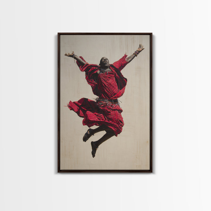 Joyful Maasai Dancer Leaping In Red Framed Canvas Print, African Warrior Art, Cultural Portrait, Bold Living Room Decor Gift