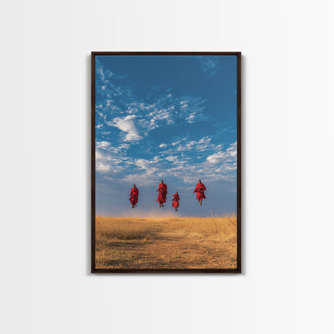 Four Maasai Warriors Jumping Over Savanna Wall Art, African Safari Art Print, Blue Sky Landscape, Cultural Home Decor Gift