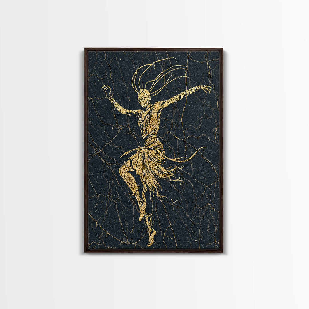 Gold Tribal Dancer On Black Cracked Texture Canvas Print, African Mask Art, Elegant Abstract Wall Decor, Spiritual Home Gift