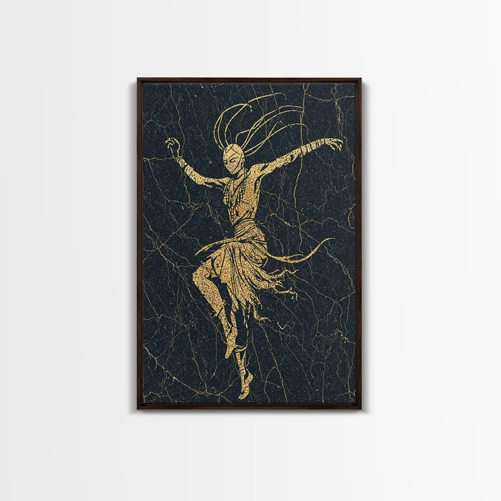 Gold Tribal Dancer On Black Cracked Texture Canvas Print, African Mask Art, Elegant Abstract Wall Decor, Spiritual Home Gift