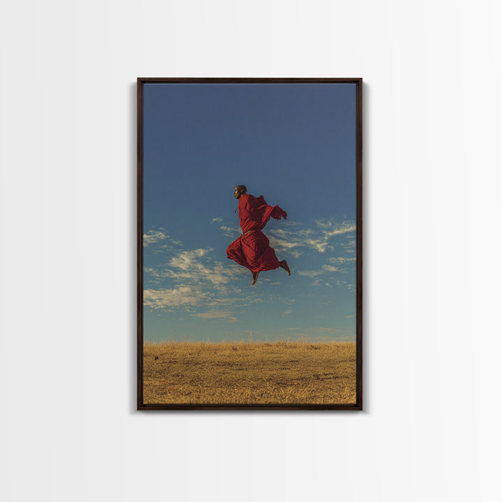 Solo Maasai Warrior Leaping Above Golden Grass Wall Art, African Safari Portrait, Red Robe Landscape, Cultural Decor Gift