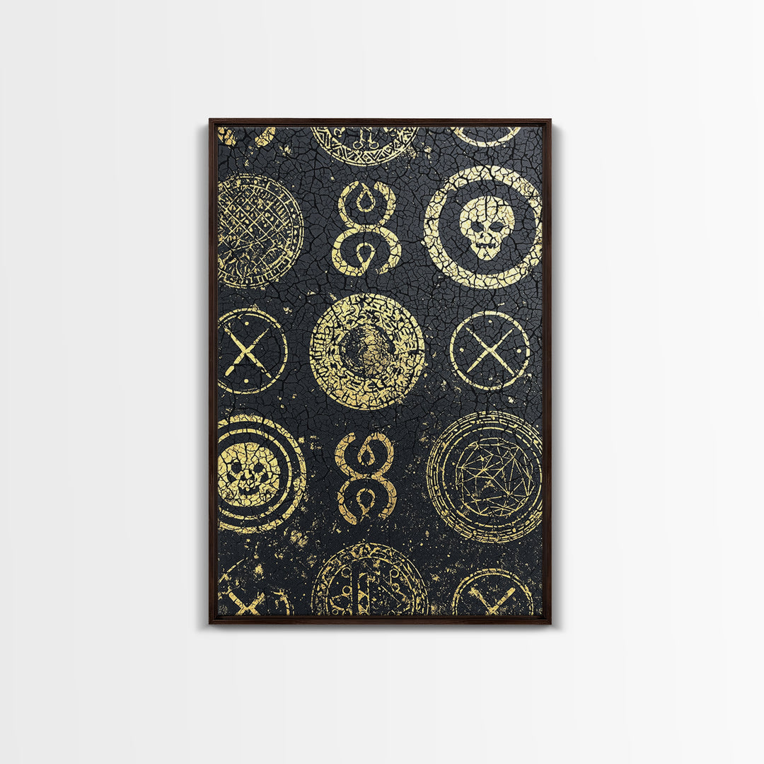 Gold Tribal Symbols And Skulls On Black Texture Canvas Print, African Abstract Wall Art, Mystical Pattern Home Decor Gift