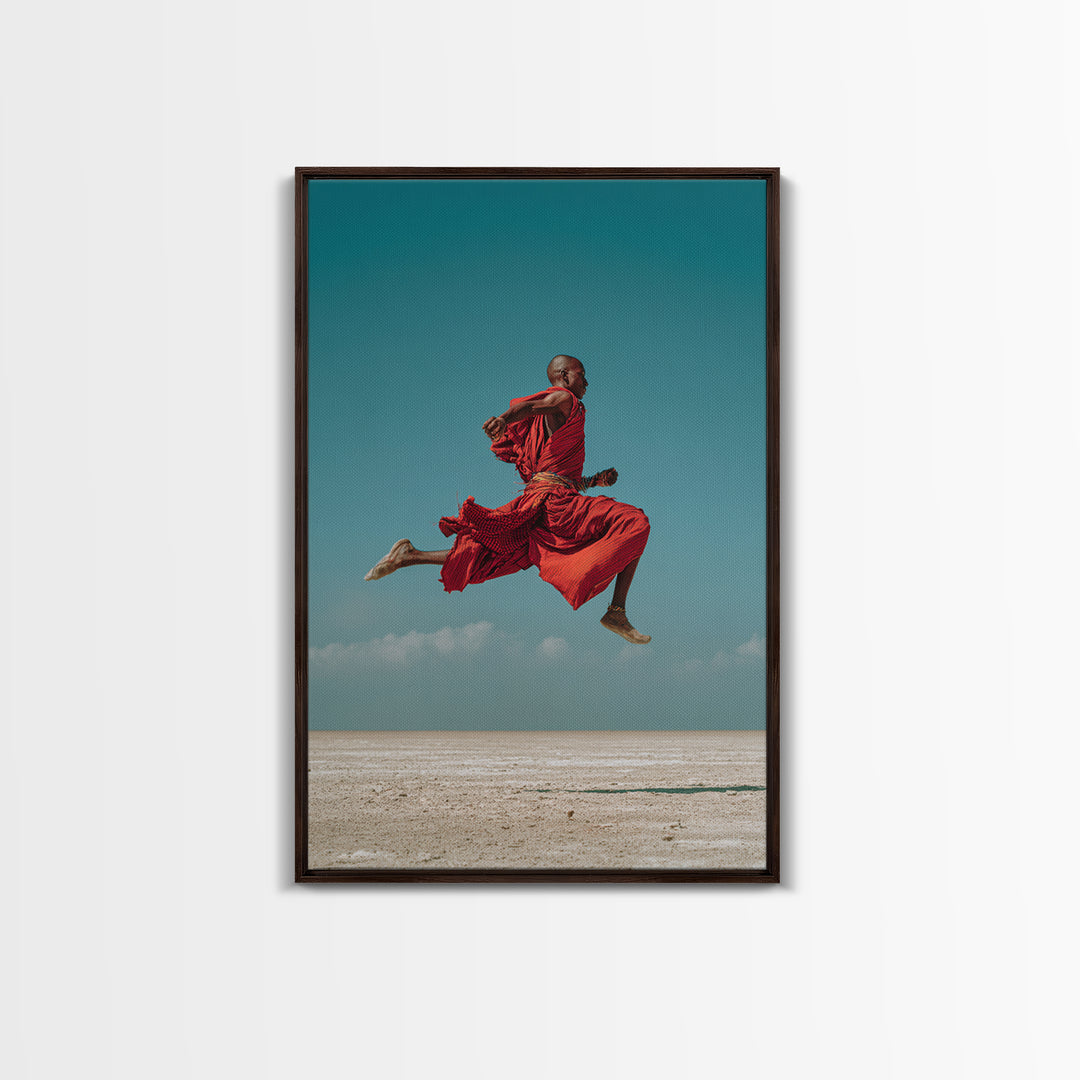 Leaping Maasai Warrior Canvas Print, African Wall Art, Red Robe Desert Photography, Tribal Decor For Living Room Wall Decor