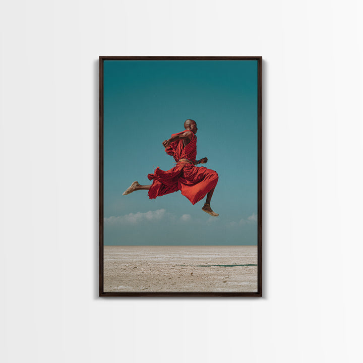 Leaping Maasai Warrior Canvas Print, African Wall Art, Red Robe Desert Photography, Tribal Decor For Living Room Wall Decor