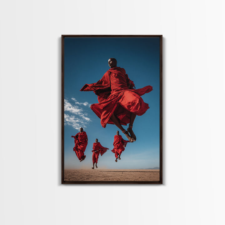 Maasai Warriors Jumping Framed Canvas Print, African Wall Art, Red Robe Tribal Decor, Safari Photography For Home Wall Decor