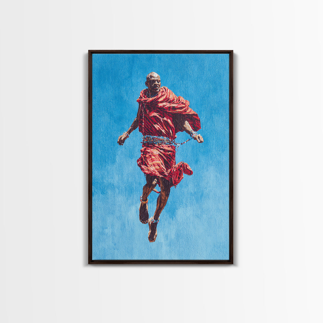 Painted Maasai Warrior Jump Wall Art, African Acrylic Art, Red Robe Tribal Portrait, Afrocentric Canvas Print Decor Gift