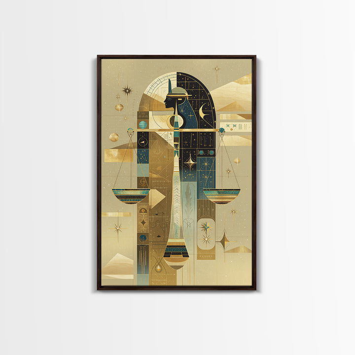 Anubis And Scales Framed Canvas Print, African Egyptian Art, Gold Black Wall Art, Mystical Spiritual Home Decor Gift For Her