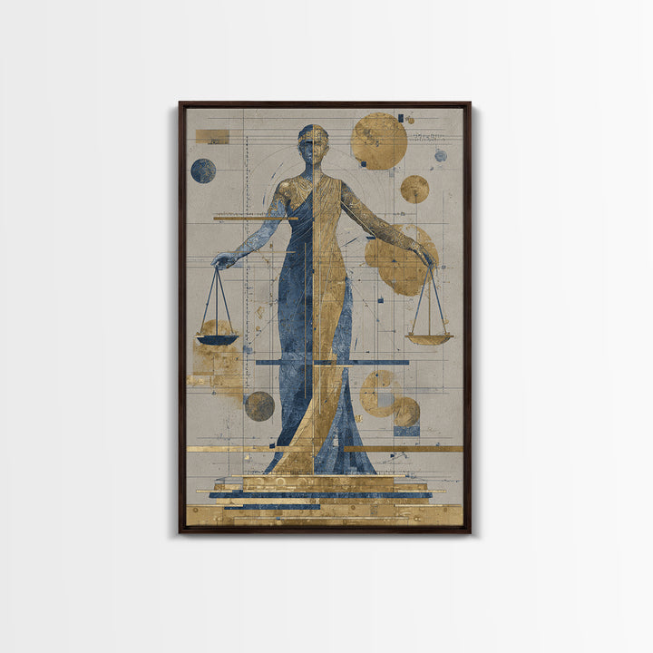 Blue Gold Lady Justice Goddess Canvas Print, Abstract African Wall Art, Modern Portrait Decor, Elegant Office Statement Piece