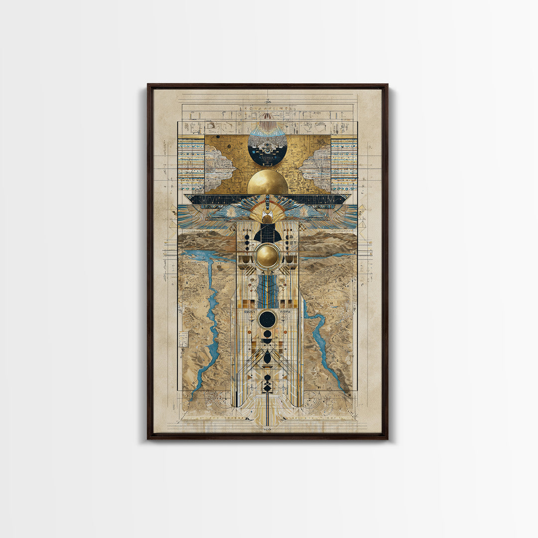 Egyptian Sacred Geometry Totem Canvas Print, African Egyptian Wall Art, Gold Blue Map Decor, Mystical Ancestral Poster Print