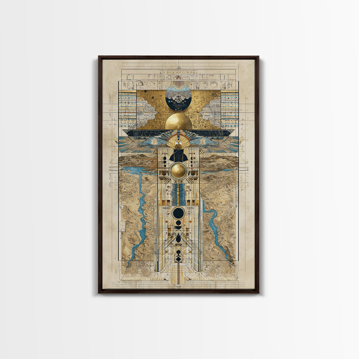 Egyptian Sacred Geometry Totem Canvas Print, African Egyptian Wall Art, Gold Blue Map Decor, Mystical Ancestral Poster Print