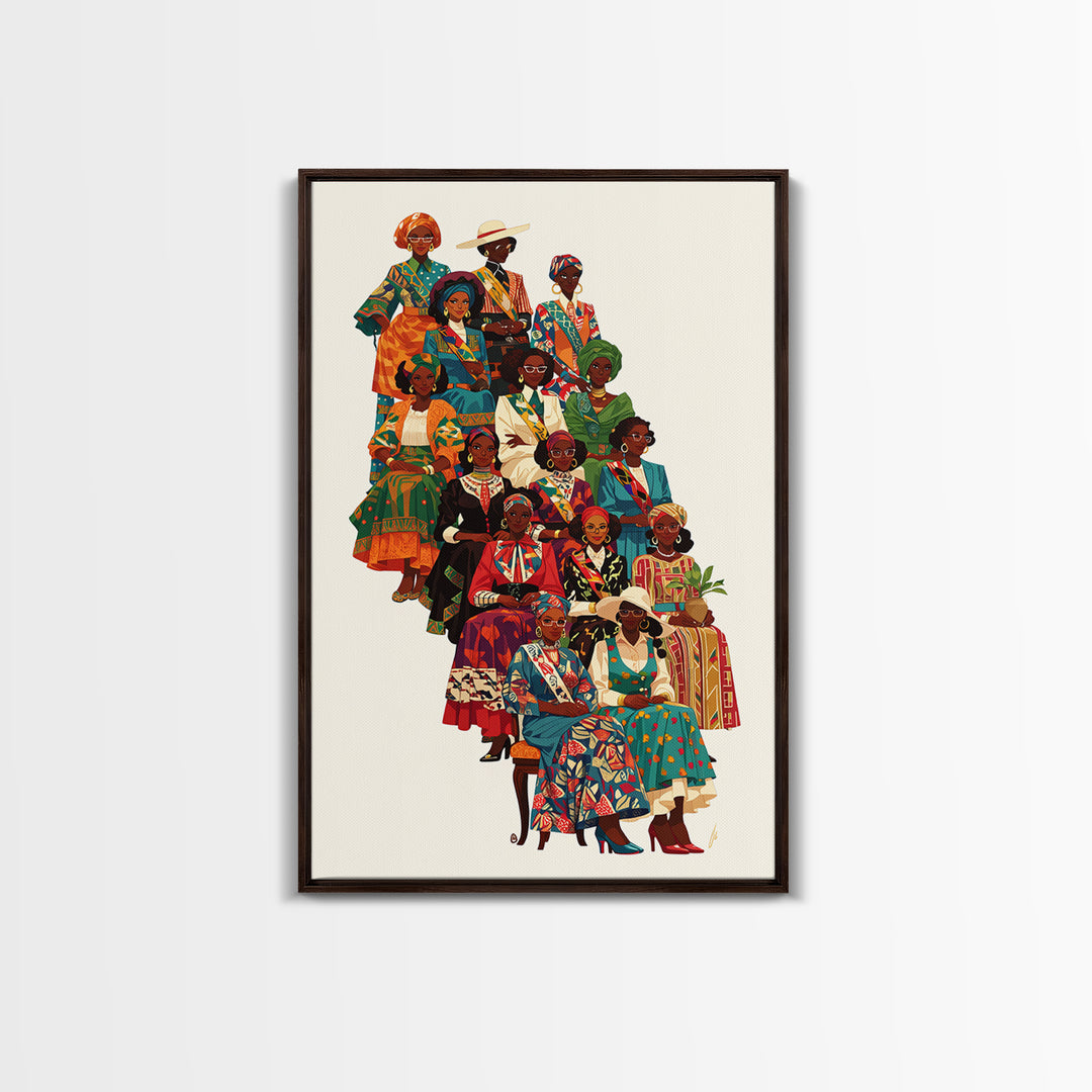 Elegant African Women Fashion Ensemble Framed Canvas Print, Ankara Wall Art, Black Queens Decor, Afrocentric Statement Gift