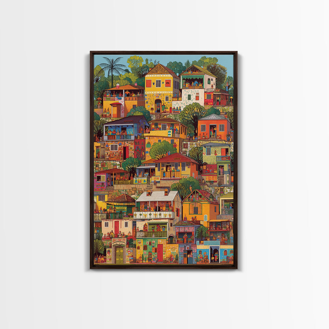 Colorful African Hillside Village Wall Art, Urban Home Scene Print, Tropical Architecture Decor, Vibrant Cultural Canvas