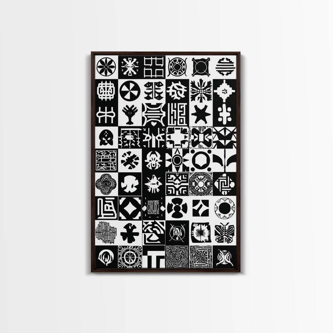 Black White African Symbols Wall Art, Adinkra Pattern Canvas Print, Tribal Art Decor, African Fabric Inspired Home Decor