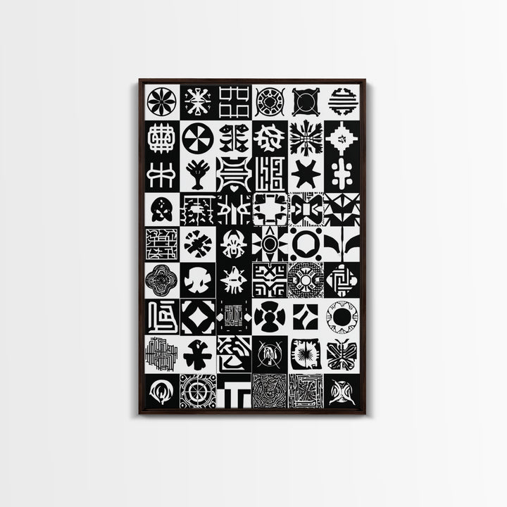 Black White African Symbols Wall Art, Adinkra Pattern Canvas Print, Tribal Art Decor, African Fabric Inspired Home Decor