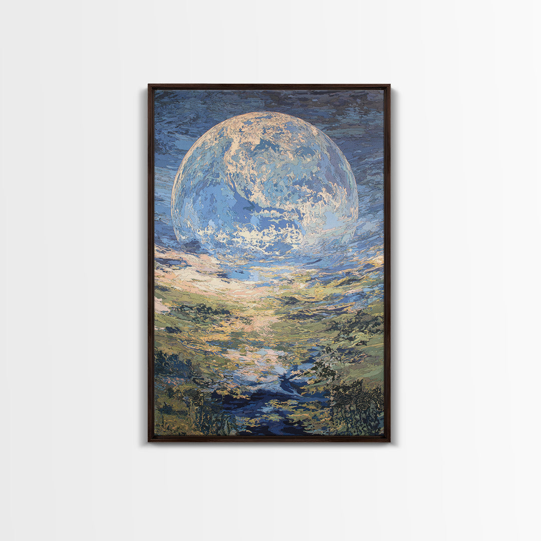 Dreamy Blue Moon Over Ocean Canvas Print, Abstract Landscape Wall Art, Modern Art Poster, Nature Scene Art, Large Decor Gift